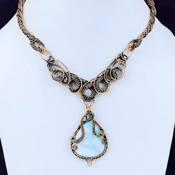 Handmade ✦ Full Wire Wrap Larimar & Quartz Necklace ✦ Artisan Copper Statement - Picture 2 of 9